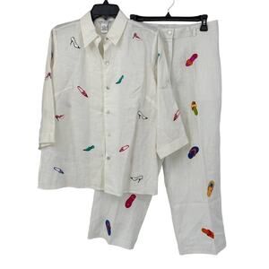 Richard Malcolm Saint Tropez West Embroidered Linen Shirt Pants Set Size M